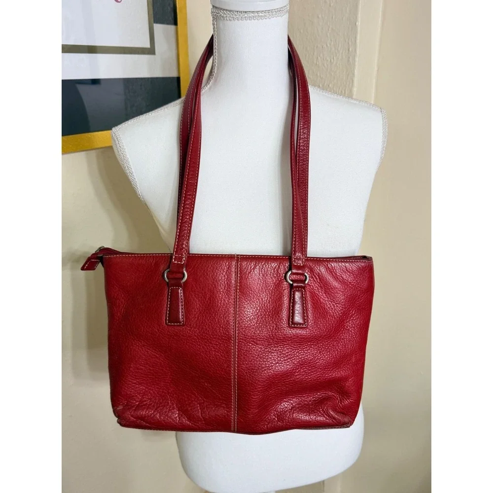 Fossil Red Pebbled Leather Tote Bag Shoulder Purse 75082 Silver Key Charm